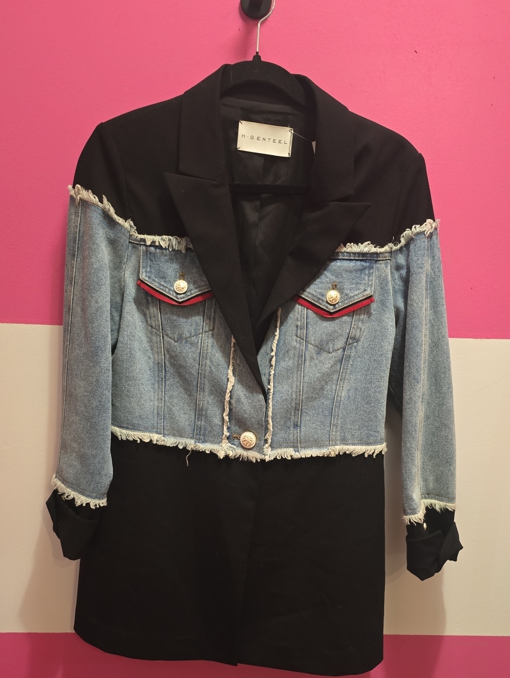 Black & Light Blue Denim Mixed-Media Blazer Jacket